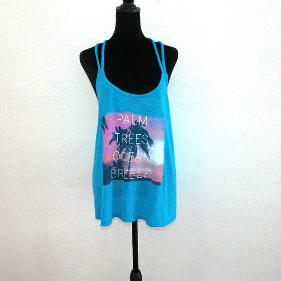 No boundaries, Blue palm trees tank top, with braided straps design. - Picture 3 of 10